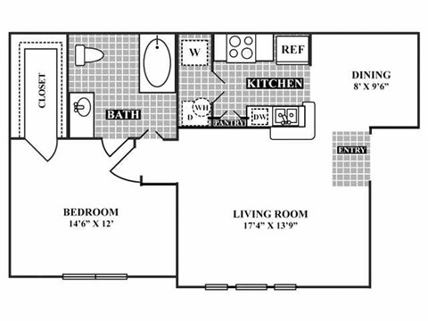 A floor plan of a house with a living room, dining room, kitchen, bathroom, and bedroom.